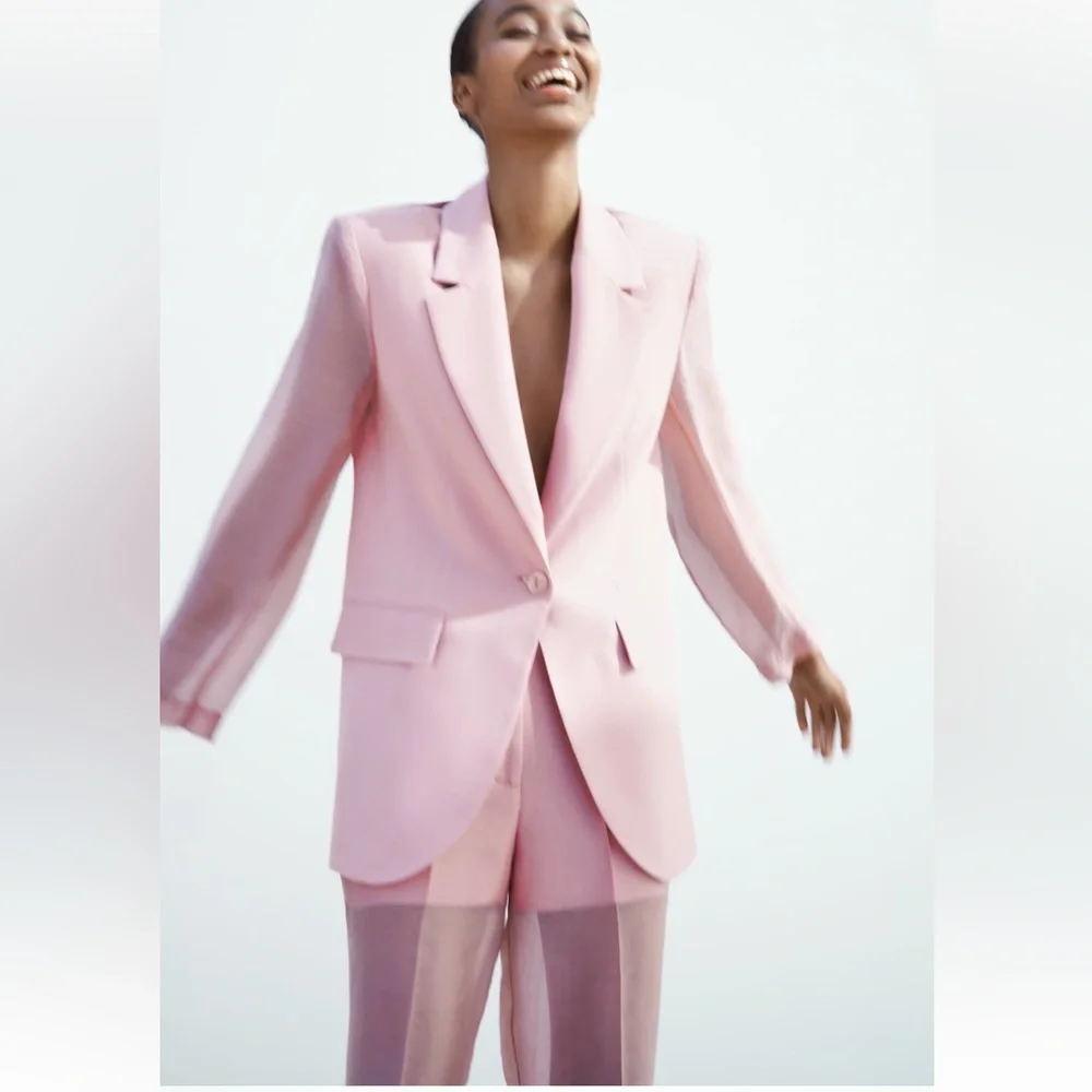 ZARA 2 PIECES SET MIXED ORGANZA BLAZER AND MIXED ORGANZA STRAIGHT LEG PANTS - Picture 2 of 16